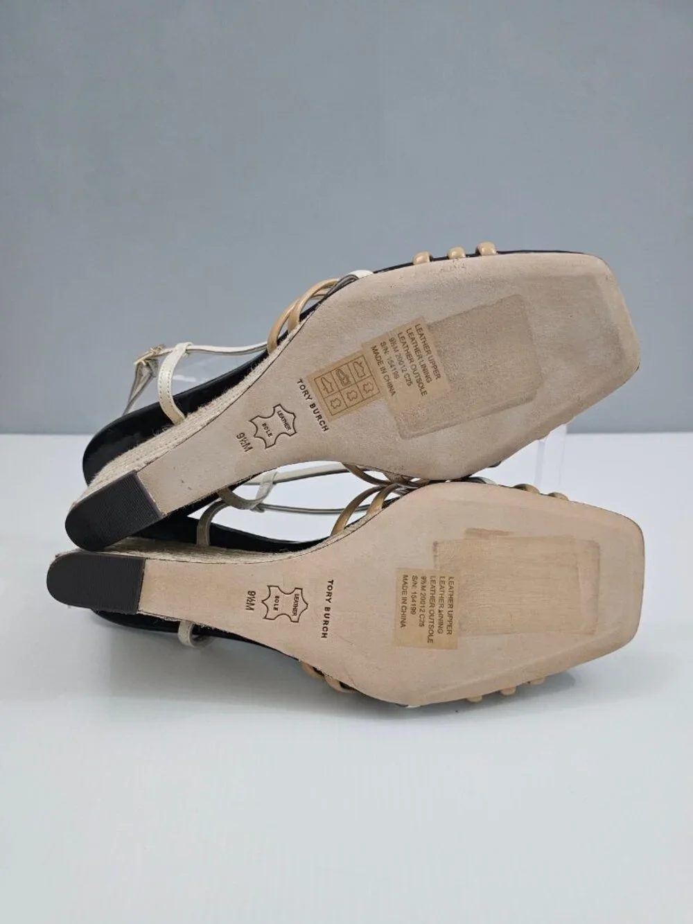 Tory Burch Multi Strap 75mm Espadrille Wedge Womens 9.5 Tan Cream Leather Sandal